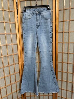 Light Blue Stud-Trim Flared Women's Jeans